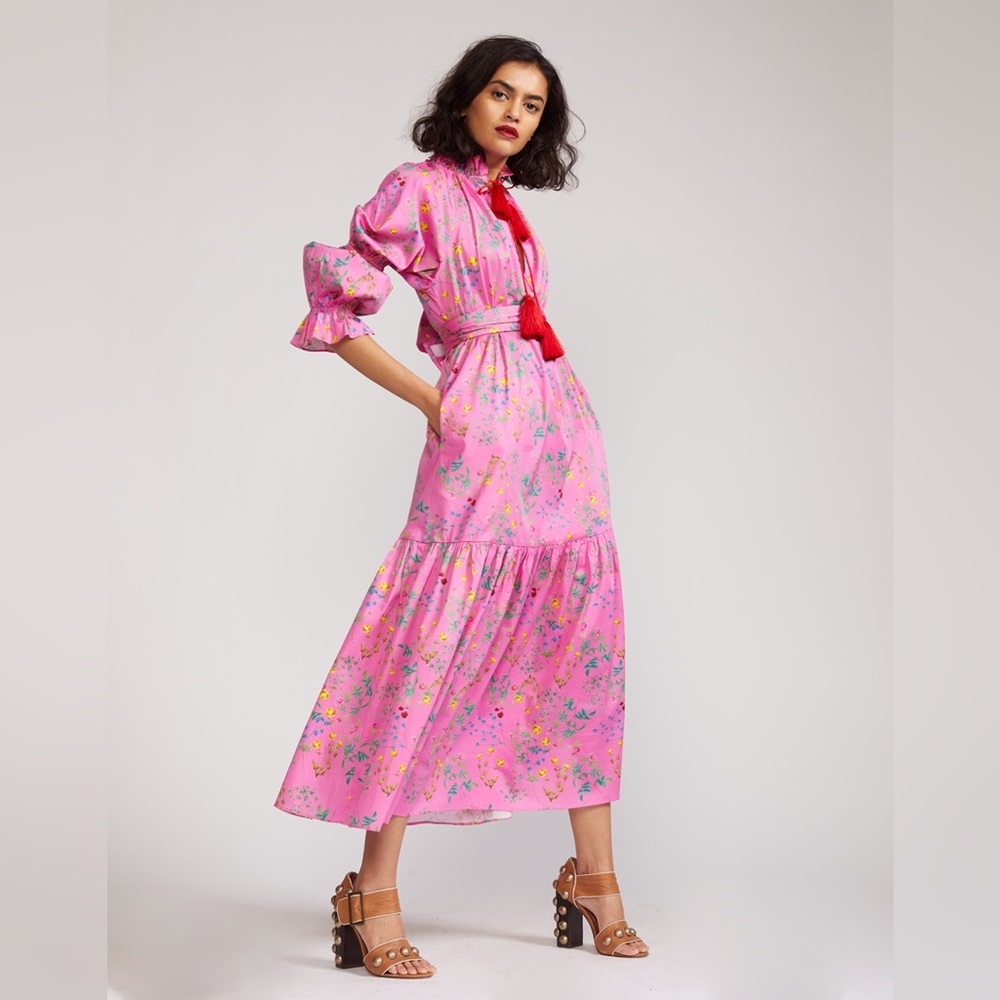 Floral Puff-Sleeve Pink Midi Dress with Red Tassel Tie